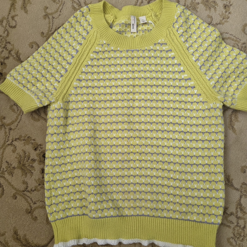 Anthropologie Yellow and White Knit Short Sleeve Sweater